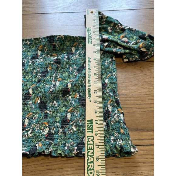 Dolan Anthropologie Left Coast Green Smocked Top Sm‎ Puff Sleeve Tropical Toucan - Picture 6 of 11